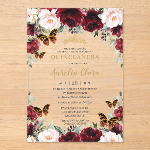 Invitations En Acrylique Quinceañera Bordeaux Rouge Floral Papillons Dorés