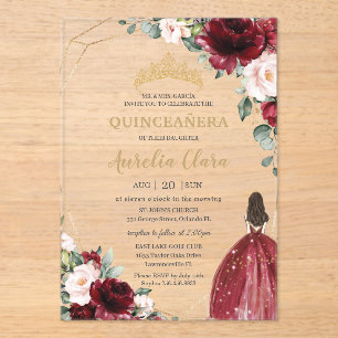 Invitations En Acrylique Quinceanera Bourgogne Blush Floral Or Princesse