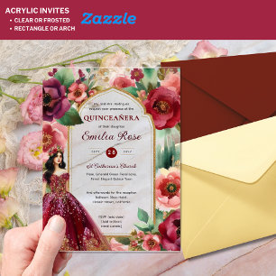 Invitations En Acrylique Quinceañera Bourgogne Rouge or coing Robe Fleurs