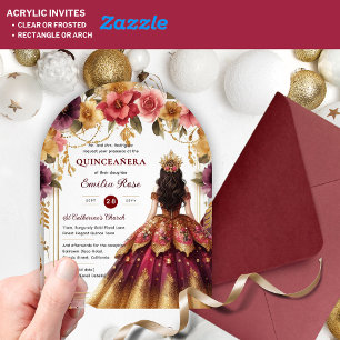 Invitations En Acrylique Quinceañera Bourgogne Rouge or coing Robe Fleurs