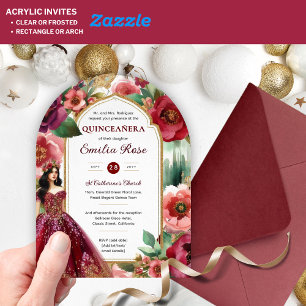 Invitations En Acrylique Quinceañera Bourgogne Rouge or coing Robe Fleurs