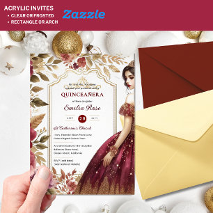 Invitations En Acrylique Quinceañera Bourgogne Rouge or coing Robe Fleurs