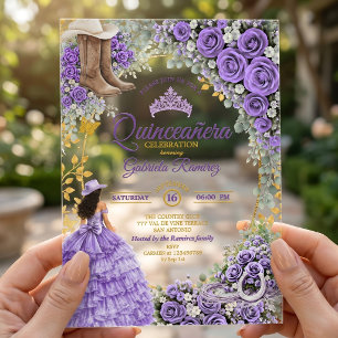 Invitations En Acrylique Quinceañera Country Western Roses Lavande Dorées