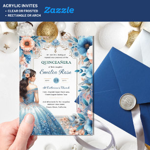 Invitations En Acrylique Quinceañera Dusty Bleu Pêche Fleurs Robe Argent