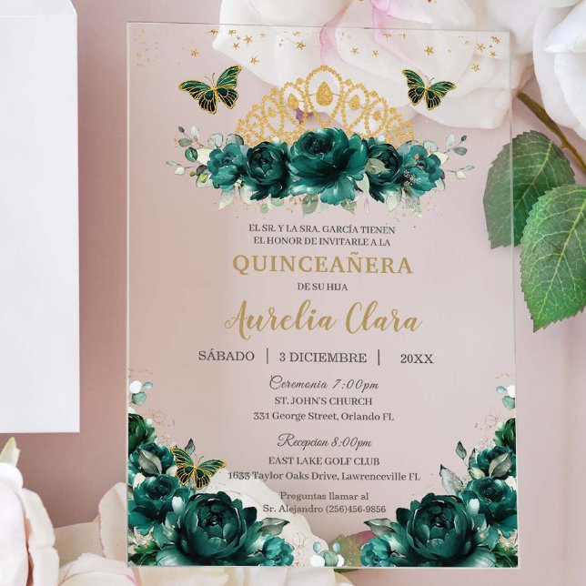 Invitations En Acrylique Quinceañera Emerald Green Floral Princess Crown (Créateur téléchargé)