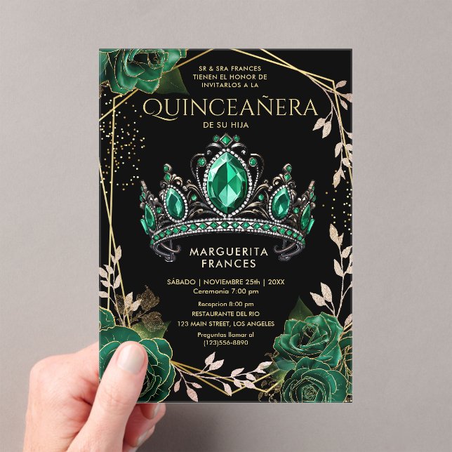 Invitations En Acrylique Quinceañera Emerald Green Tiara Black Espagnol (In situ (ordinateur de poche))