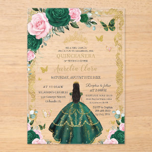 Invitations En Acrylique Quinceañera Émeraude Rose Floral Cheveux Noirs Or