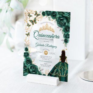 Invitations En Acrylique Quinceanera Émeraude Vert Or Floral