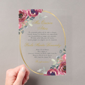 Invitations En Acrylique Quinceañera espagnole florale bordeaux