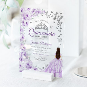 Invitations En Acrylique Quinceanera Fleur de Lilas Violet Argent