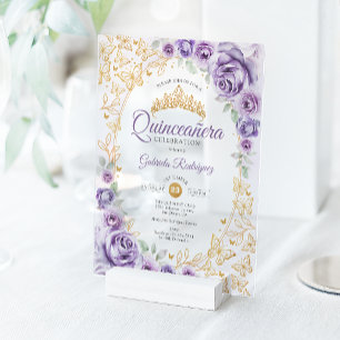 Invitations En Acrylique Quinceanera Fleur de Lilas Violet Or