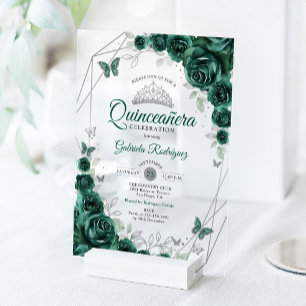 Invitations En Acrylique Quinceanera Fleurie Vert Émeraude et Argent