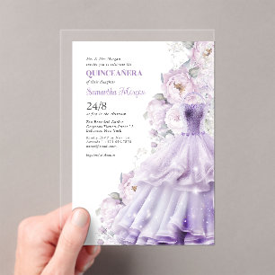 Invitations En Acrylique Quinceanera Fleurs violettes Robe de bal officiell