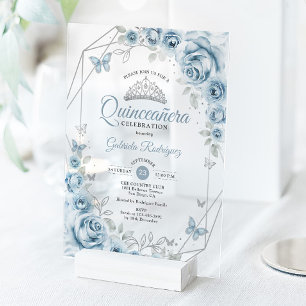 Invitations En Acrylique Quinceanera Floral Baby Blue Silver