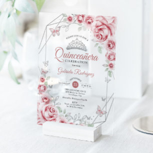 Invitations En Acrylique Quinceanera Floral Rose Argent