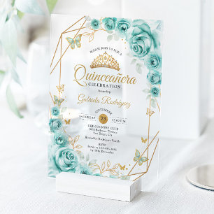 Invitations En Acrylique Quinceanera Floral Turquoise Or