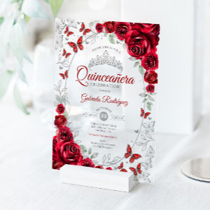 Invitations En Acrylique Quinceanera Florale Argent Rouge