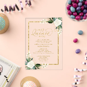 Invitations En Acrylique Quinceañera Florale Blanc Et Or