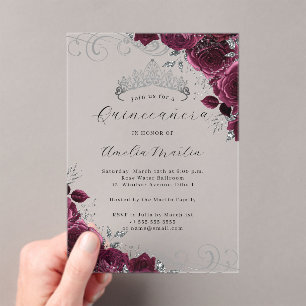 Invitations En Acrylique Quinceanera florale de Bourgogne en argent clair a
