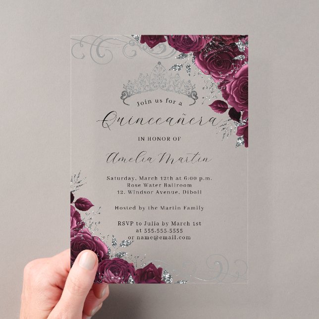 Invitations En Acrylique Quinceanera florale de Bourgogne en argent clair a (In situ (ordinateur de poche))