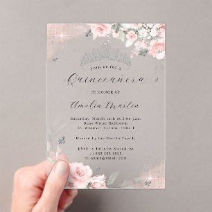Invitations En Acrylique Quinceanera florale rose argent clair acrylique
