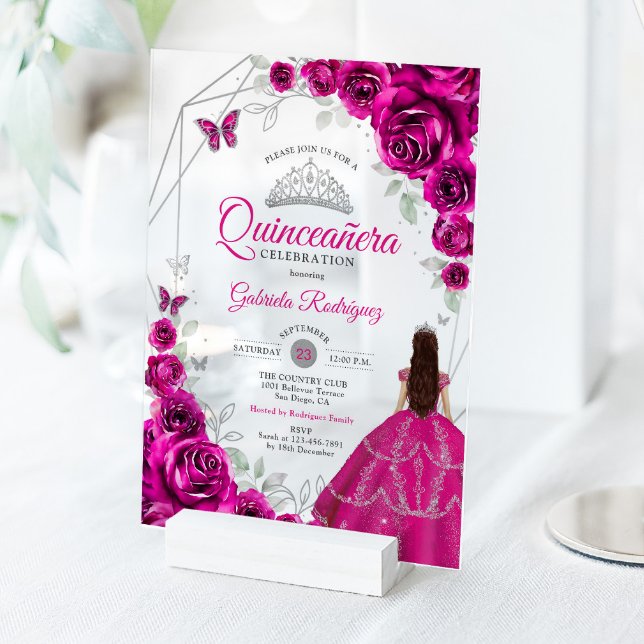 Invitations En Acrylique Quinceanera Fuchsia Pink Silver Dress (Créateur téléchargé)