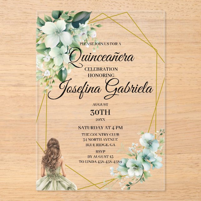 Invitations En Acrylique Quinceanera green floral (Recto)