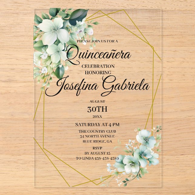 Invitations En Acrylique Quinceanera green floral (Recto)