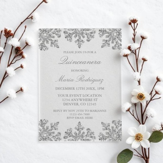 Invitations En Acrylique Quinceanera hivernale de flocons d'argent (Créateur téléchargé)