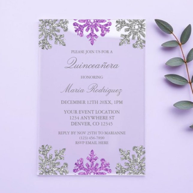 Invitations En Acrylique Quinceanera hivernale Silver violet (Créateur téléchargé)