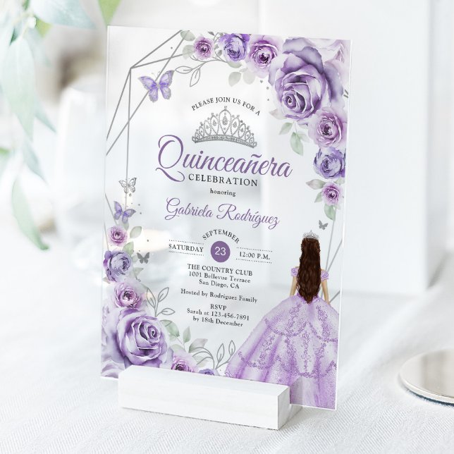 Invitations En Acrylique Quinceanera Lilac Purple Dress Floral Silver (Créateur téléchargé)