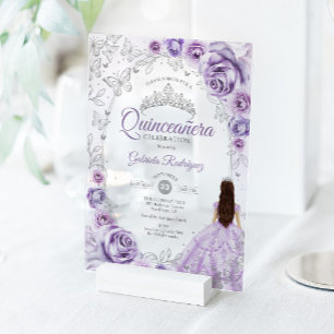 Invitations En Acrylique Quinceanera lilas violet floral argenté