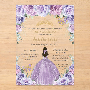 Invitations En Acrylique Quinceañera Lilas Violet Floral Papillons Dorés