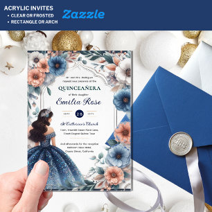 Invitations En Acrylique Quinceañera Marine Blue Peach Silver Robe Fleurs