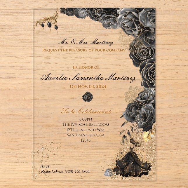 Invitations En Acrylique Quinceañera noir et or (Recto)