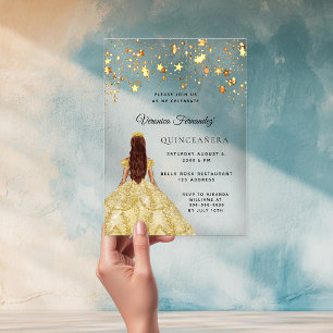 Invitations En Acrylique Quinceanera or étoiles robe claire