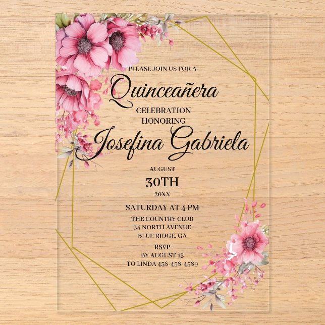 Invitations En Acrylique Quinceanera pink floral (Recto)