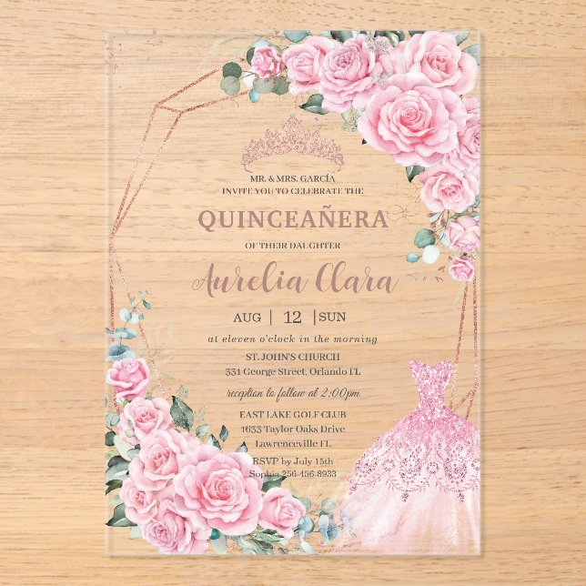 Invitations En Acrylique Quinceanera Pink Floral Princess Dress Rose Gold (Recto)