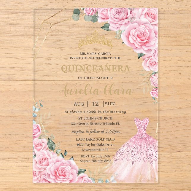 Invitations En Acrylique Quinceanera Pink Roses Floral Princess Dress Gown (Recto)
