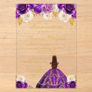 Invitations En Acrylique Quinceañera Princesse Fleurie Violette