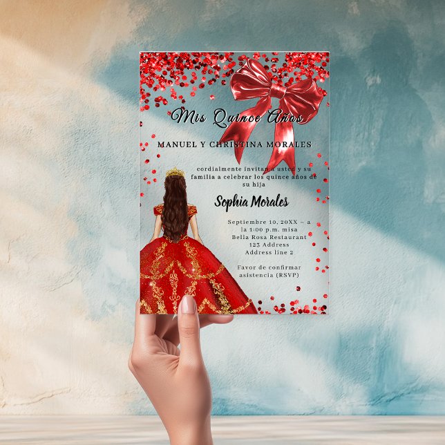 Invitations En Acrylique Quinceanera red dress bow clear (Créateur téléchargé)