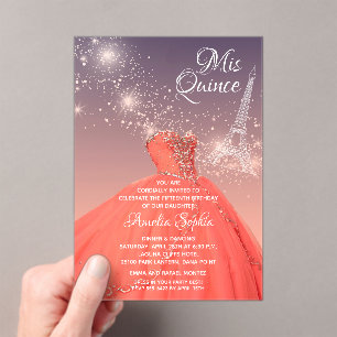 Invitations En Acrylique Quinceañera Robe de corail Tour Eiffel