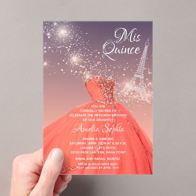 Invitations En Acrylique Quinceañera Robe de corail Tour Eiffel (In situ (ordinateur de poche))
