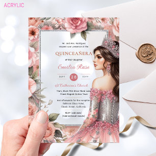Invitations En Acrylique Quinceañera Robe Rose rose blanche en argent