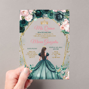 Invitations En Acrylique Quinceañera rose Emerald Green Couronne or Floral