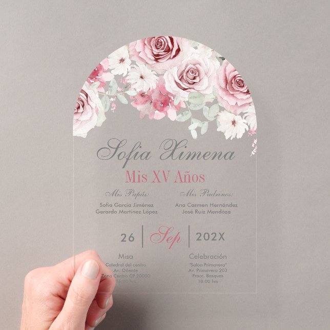 Invitations En Acrylique Quinceañera rose Floral (In situ (ordinateur de poche))