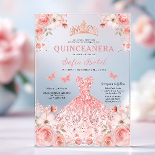 Invitations En Acrylique Quinceañera Rose Floral papillon rose tendre