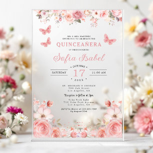 Invitations En Acrylique Quinceañera Rose Floral papillon rose tendre