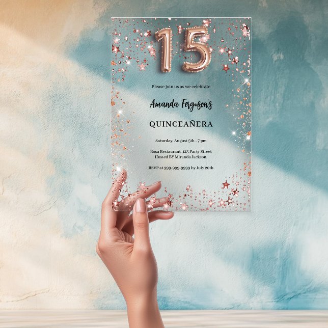 Invitations En Acrylique Quinceanera rose or étoiles clair (Créateur téléchargé)