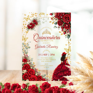 Invitations En Acrylique Quinceañera rouge papillons roses dorées